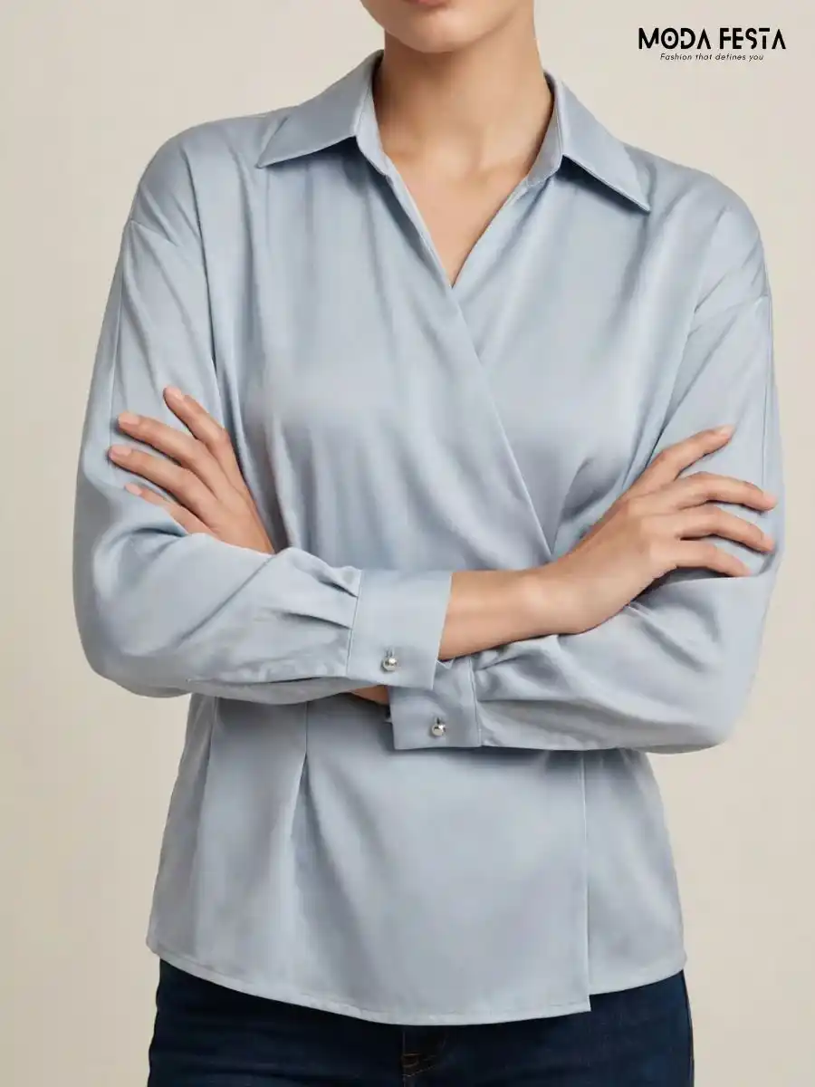 ModaFesta -Light Blue Satin Wrap-Style Collared Long Sleeve Top